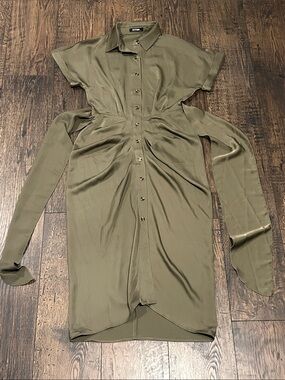 BTFBM Satin Button-Front Olive Green Shirt Satin Dress with Tie Waist